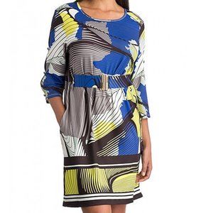 Marisa Kenson Geometric Cobal Lime White 3/4 Sleeves Mini Dress - size S NWT